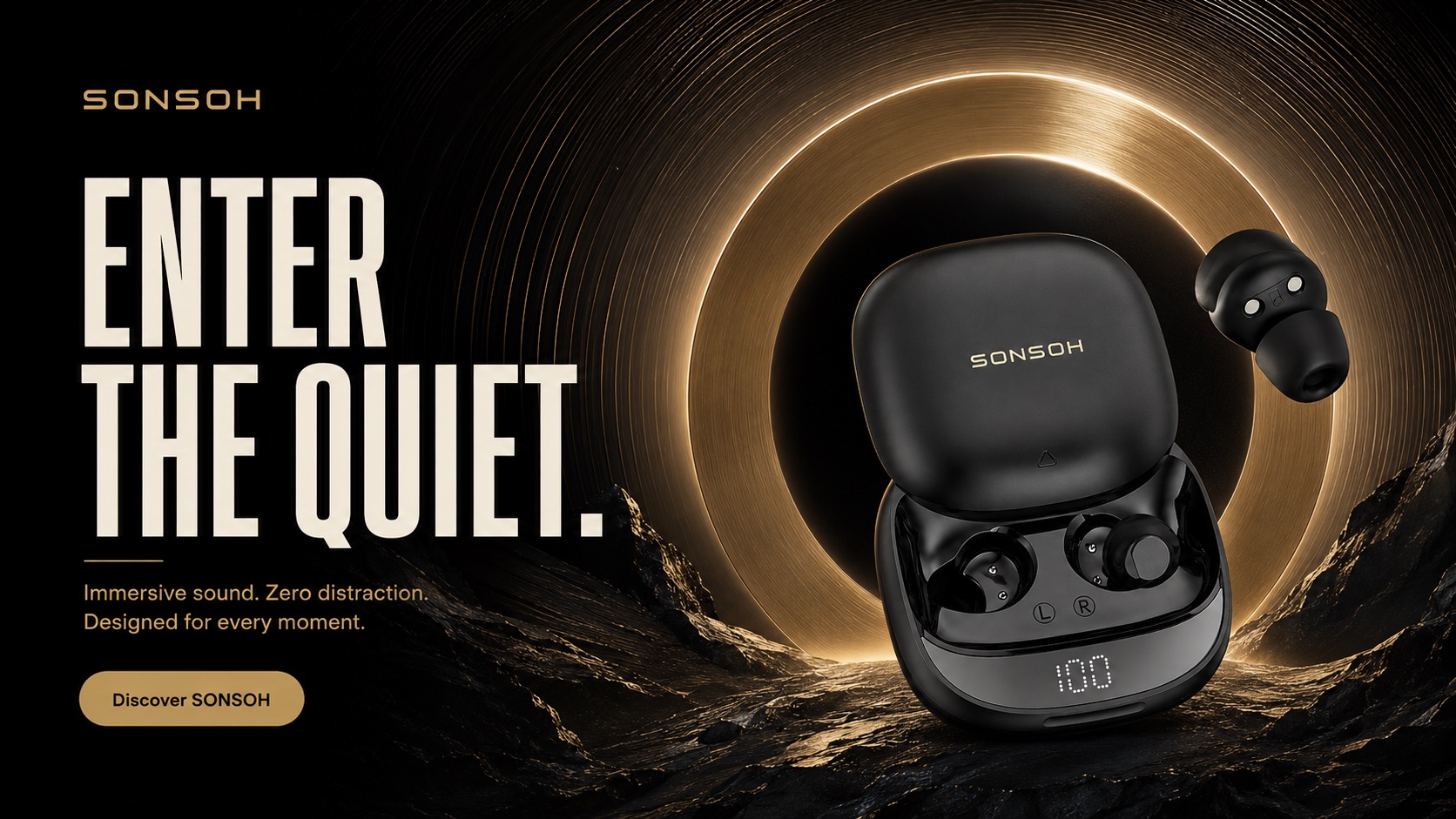 SONSOH NIGHT charging case in front of a glowing gold ring