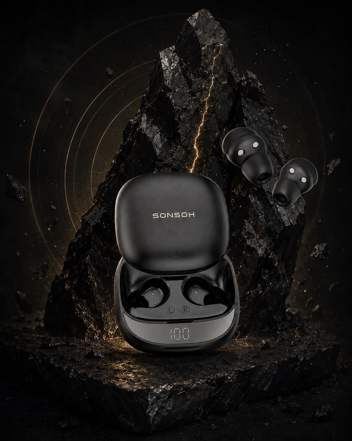 SONSOH NIGHT charging case and earbuds on a shungite rock